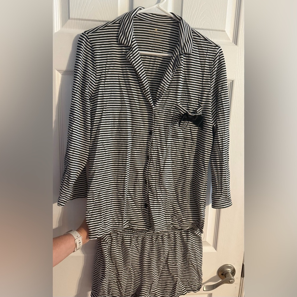 Kate Spade Black & White Striped Pajama Set Bow Detail Size L